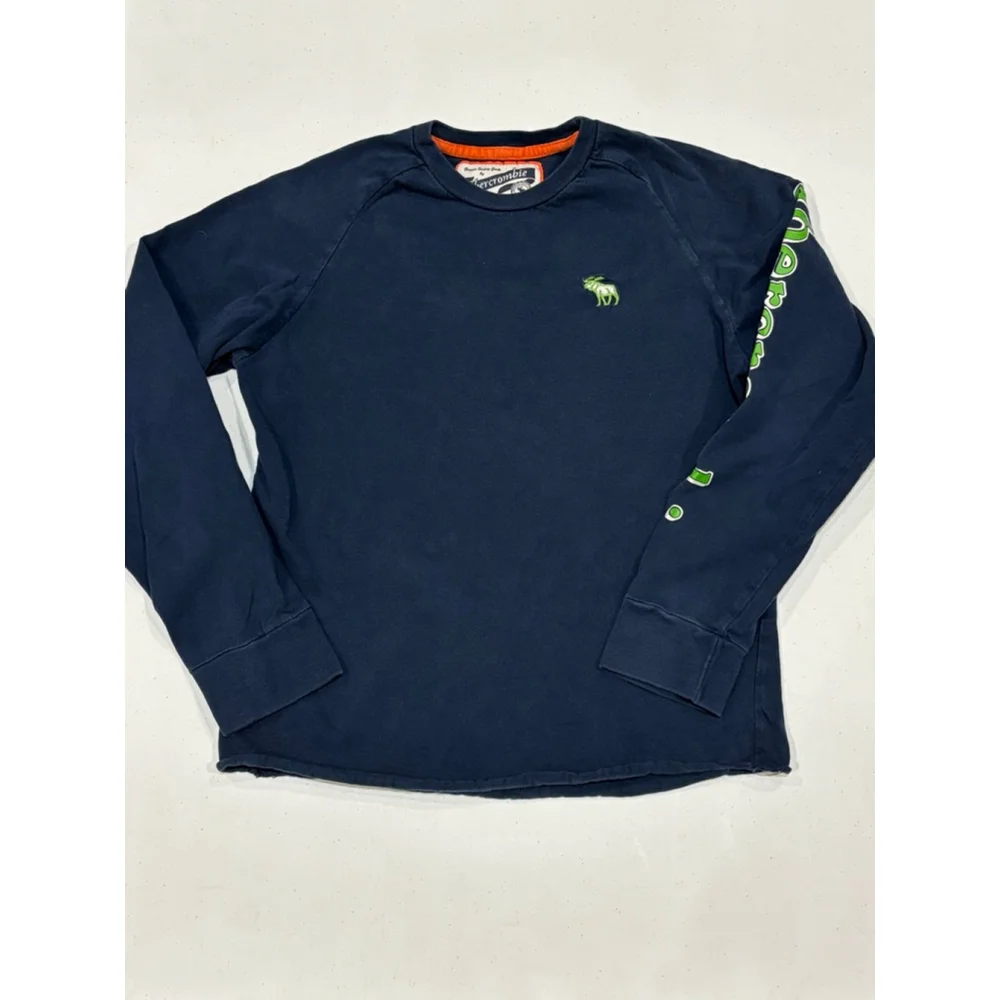 Abercrombie Long Sleeve Crewneck Tee, Navy, Green, Boys Youth Large